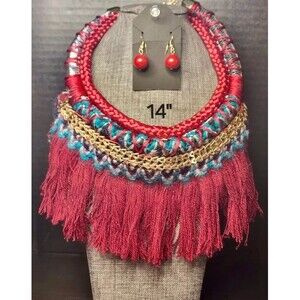 39. Boho Tribal Woven Fringe Statement Necklace